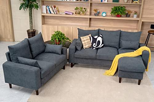 Panana3 Piece Small Sofa Set, Sectional Sofa Loveseat with Ottoman for Small Space Living Room Apartment (Grey)