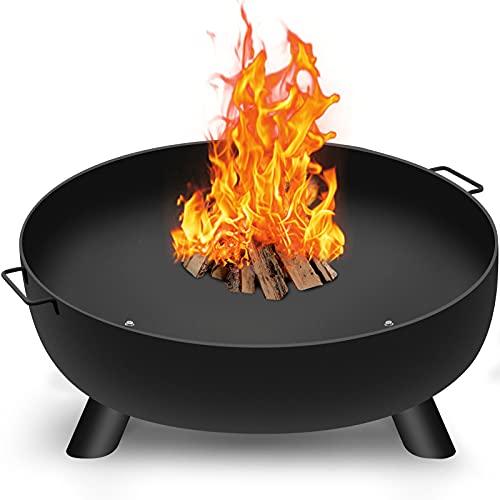 AMAGABELI GARDEN & HOME Fire Pit Outdoor Cast Iron Wood Burning Fire Bowl 28in with A Drain Hole Fireplace Extra Deep Large Round Outside Backyard Deck Camping Heavy Duty Metal Grate Rustproof BG368