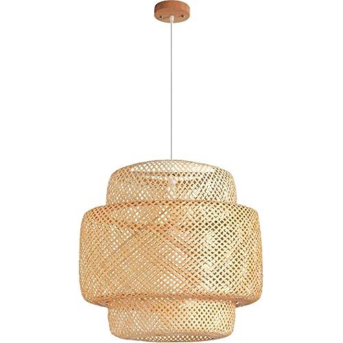 Hand Woven Bamboo Pendant Light, Natural Rattan Basket Light Fixture, Beige Bamboo Chandelier with Wood Canopy for Kitchen Island, Living Room, Dining Room, 15.7" L x 15.7" W x 15.7" H