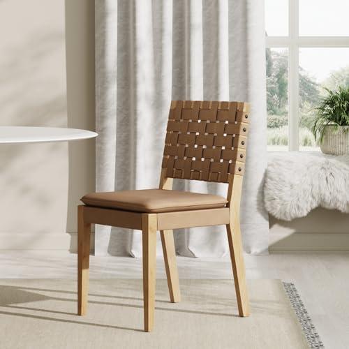 Nathan James Cohen Wood Dining Chair, Mid-Century Modern Upholstered Side Chair with Hand Woven Faux Leather Backrest, 20"D x 18"W x 33"H, Natural Brown