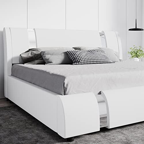 SHA CERLIN Queen Platform Bed Frame with Iron Pieces Decor and Adjustable Headboard/Deluxe Upholstered Modern Bed with Solid Wooden Slats Support/No Box Spring Needed, White