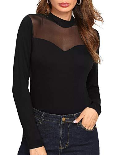 Women's Mock Neck Sheer Mesh Tops Long Sleeve Solid Tee Blouse