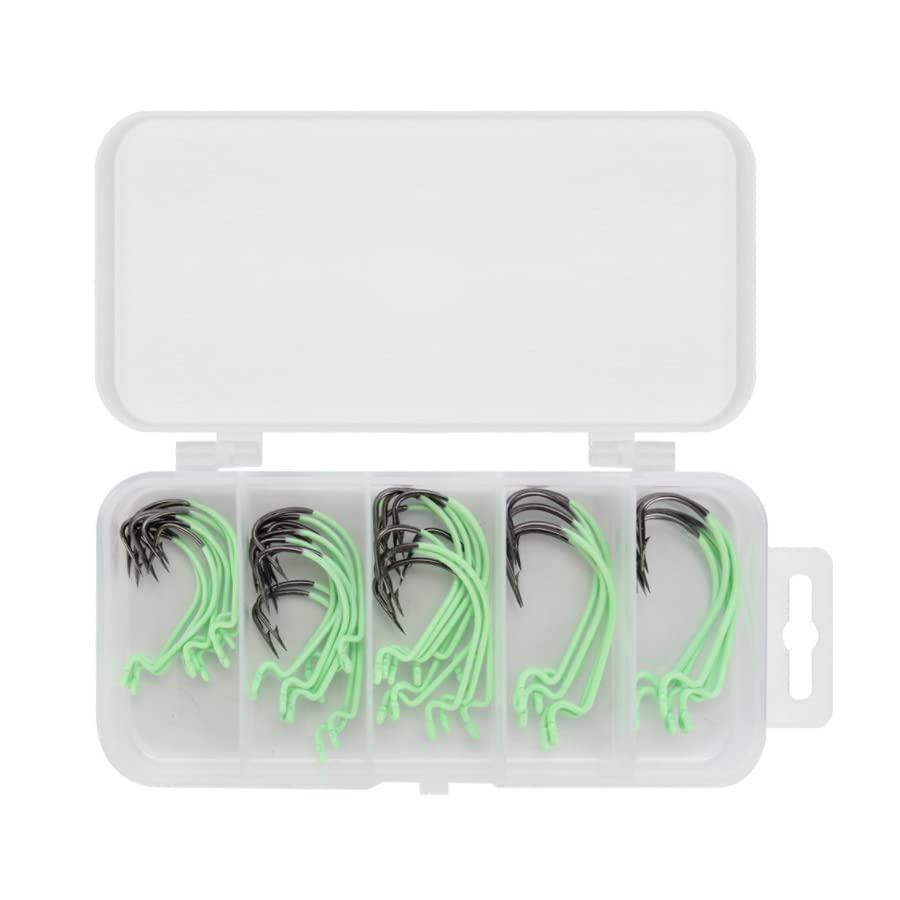 Glow in Dark Fishing Offset Worm Hooks Set for Bass Saltwater Freshwater,Luminous Texas Rig Hooks Size: 2# 1# 1/0# 2/0# 3/0#