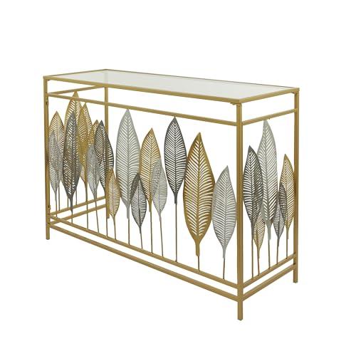 Deco 79 Metal Leaf Console Table with Mirrored Glass Top, 44" x 16" x 30", Gold, Large Size