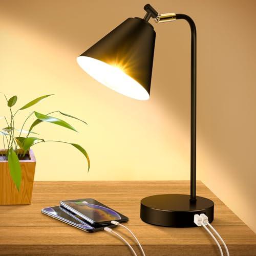 Industrial Dimmable Desk Lamp with 2 USB Charging Ports AC Outlet, Touch Control Bedside Nightstand Reading Lamp Flexible Head, Black Metal Table Lamp for Bedroom Office Living Room, Bulb Included