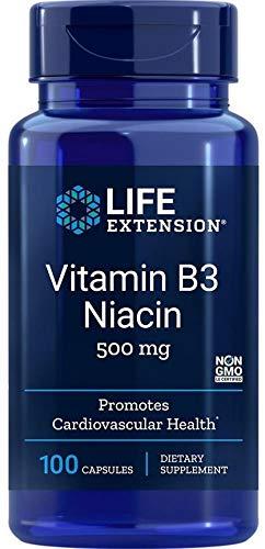 Life ExtensionVitamin B3 Niacin 500 mg – Niacin (Vitamin B3), Supports Heart Health, Promotes cellular energy production – Gluten-Free, Non-GMO – 100 Capsules