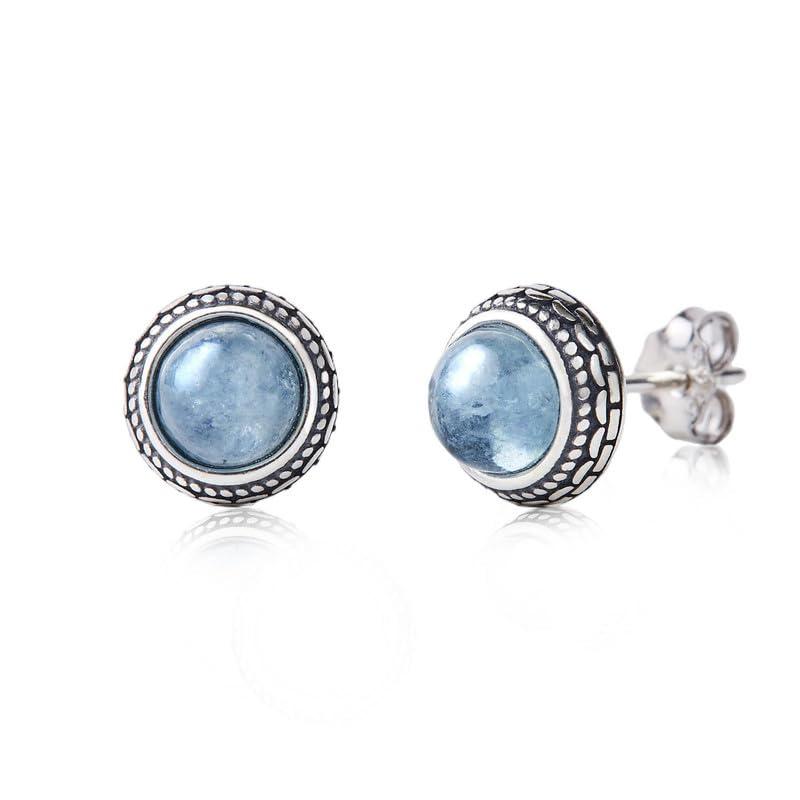 keenoveSmall Genuine Blue Aquamarine 925 Sterling Silver Hypoallergenic Studs Earrings Jewelry for Women Dainty Trendy Antiqued Silver March Birthstone Earrings Jewelry Gifts for Women Young Lady