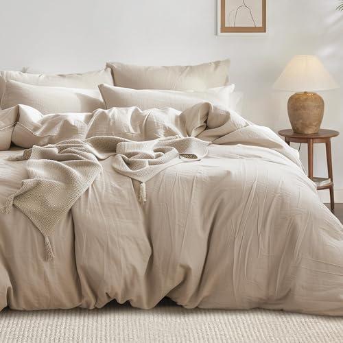 Bedsure 100% Washed Cotton Duvet Cover King Size - Warm Sand Minimalist Duvet Cover Set Linen Like - 3 Pieces Plain Simple Cotton Duvet Cover Set with 2 Pillow Shams (Warm Sand, King, 104"x90")