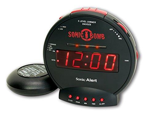 Sonic Bomb Dual Extra Loud Alarm Clock with Bed Shaker, Black | Sonic Alert Vibrating, Heavy Sleepers, Battery Backup | Wake with a Shake