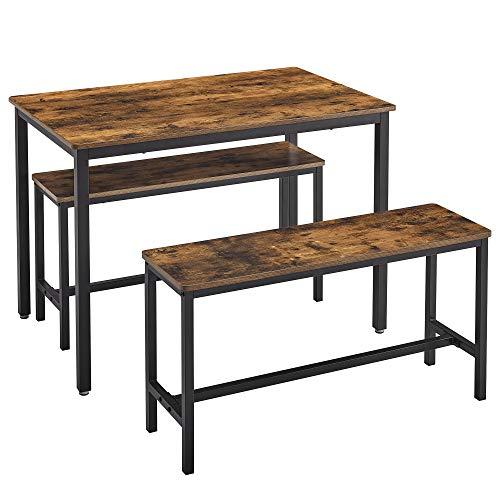 VASAGLEDining Table Set for 4, Kitchen Table with 2 Benches, 27.6 x 43.3 x 29.5 Inches Dining Room Table, 11.8 x 38.2 x 19.7 Inches Bench, Rustic Brown and Ink Black UKDT070B01