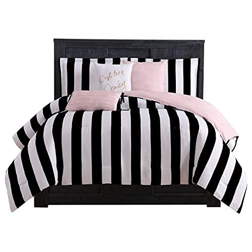 Juicy Couture Cabana Stripe Reversible Bedding Set - Queen Size - Black and White Stripe Print – 6 Piece Set – Includes 1 90" x 90" Comforter, 3 Decorative Pillows, 2 Shams