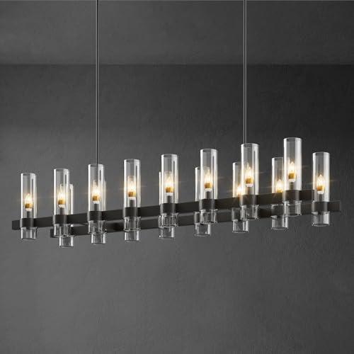 Black Kitchen Island Lighting- 16-Light Linear Chandelier, Adjustable 54'' Modern Farmhouse Rectangle Pendant Light Fixtures, Dining Room, Bedroom