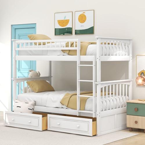 Harper & Bright Convertible Wood Twin-Over-Twin Bunk Bed with Storage Drawers and Ladder - Can Be Divided Into Two Daybeds (White)