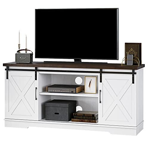 IDEALHOUSE Farmhouse TV Stand for 65 Inch TV, Entertainment Center with Storage and Sliding Barn Doors, Modern Media TV Console TV Stands for Living Room Bedroom (White)