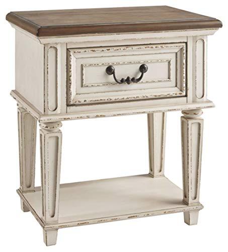 Signature Design by Ashley Realyn Traditional Cottage 1 Drawer Nightstand with Dovetail Construction & Open Display Shelf, Chipped White, 27" Tall, Distressed Brown