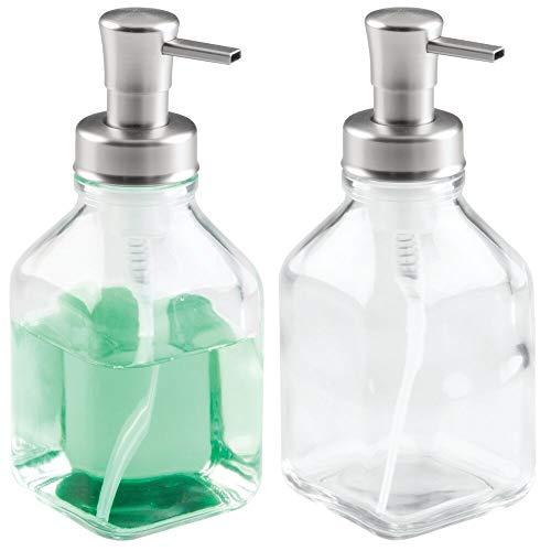 mDesign Modern Square Glass Refillable Foaming Soap Dispenser Pump Bottle for Bathroom Vanity Countertop, Kitchen Sink - Save on Soap - Vintage-Inspired, Compact Design - 2 Pack - Clear/Brushed