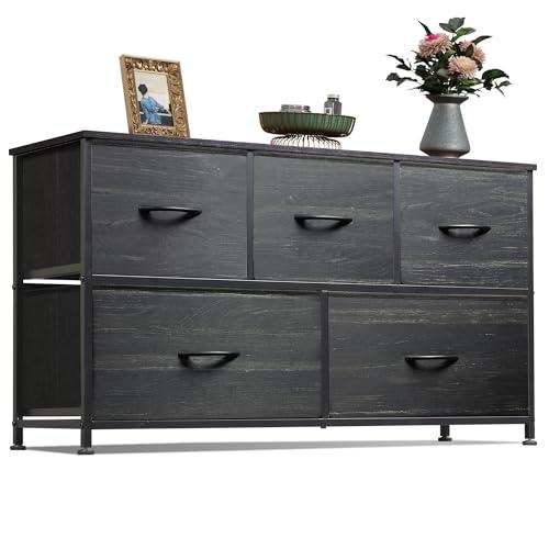 WLIVE Dresser for Bedroom with 5 Drawers, Wide Chest of Drawers, Fabric Dresser, Storage Organizer Unit with Fabric Bins for Closet, Living Room, Hallway, Charcoal Black Wood Grain Print