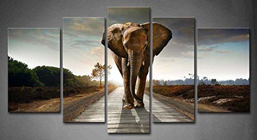 5 Panel Wall Art Elephant Walking In A Road With The Sun From Behind Painting Pictures Print On Canvas Animal The Picture For Home Modern Decoration Piece Stretched By Wooden Frame Ready To Hang