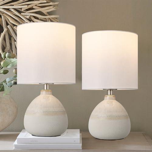 Set of 2 Ceramic Table Lamp for Bedroom, Small Table Lamp White Farmhouse Rustic Lamp Set Bedside Table Lamps for Nightstand Side Table Lamps for Living Room, 13.7IN