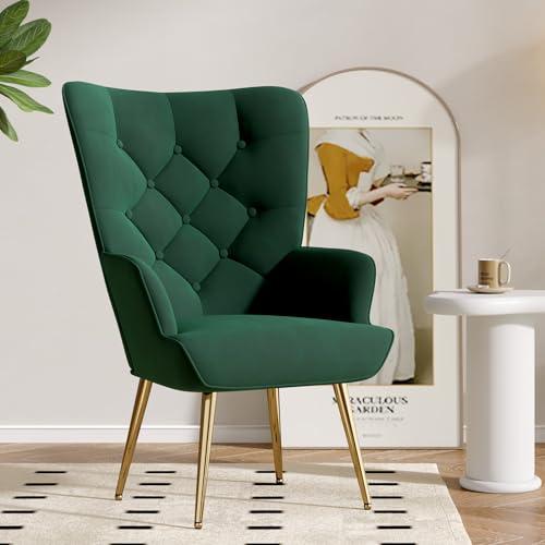 Mid Century Modern Accent Chair, Velvet Upholstered Armchair with Metal Legs, Tufted Button Wingback Side Chair, High Back Reading Chair for Living Room Bedroom, Green