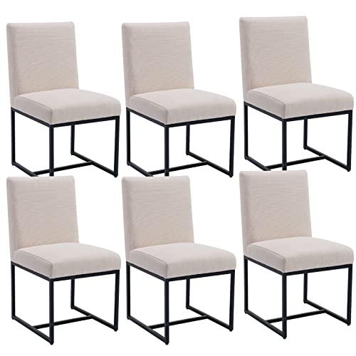 Century Modern Dining Chairs Set of 6, Linen Fabric Kitchen & Dining Room Chair, Upholstered Dining Chair Side Chair with Black Finish Metal Frame, Cream 6 PC