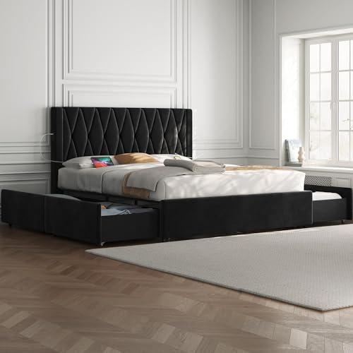 YaheetechQueen Bed Frame Upholstered Platform Bed with 4 Drawers and USB Charging Station, Diamond Tufted Headboard/Mattress Foundation/No Box Spring Needed/Strong Wooden Slats, Black Queen Bed