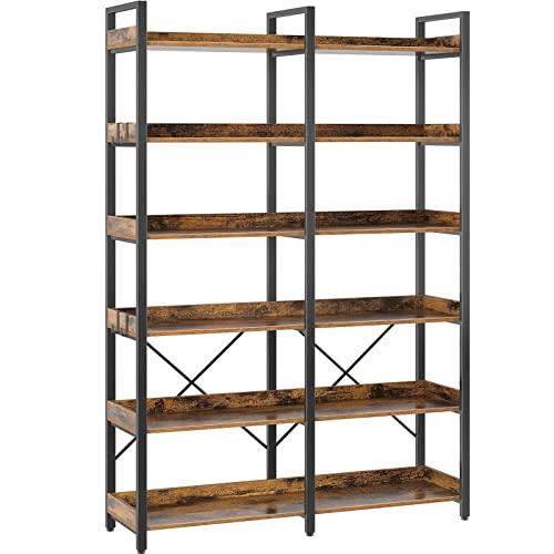 Seventable Bookshelf 6 Tier with 4 Hooks, 67” Industrial Wooden Bookcase, Vintage Storage Rack with Open Shelves, Rustic Standing Bookshelves Metal Frame 43.3” Wide Display Rack, Rustic Brown