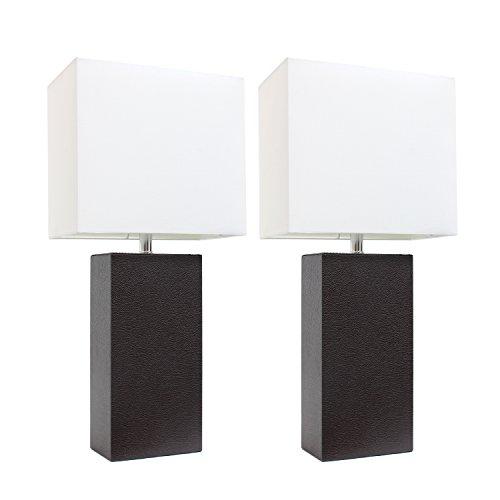 Elegant Designs LC2000-BWN-2PK Modern Leather Table Lamps with White Fabric Shades, Espresso Brown