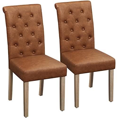 Yaheetech Set of 2 Dining Chairs Upholstered Kitchen Chairs Classic Faux Leather Chairs High Back Soft Padded Seat and Wooden Legs for Dining Room, Kitchen and Home, Retro Brown