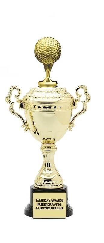 Monaco Gold Trophy Cup with Golf Ball Figure 9.5-10.5 Inches - Engraving Included