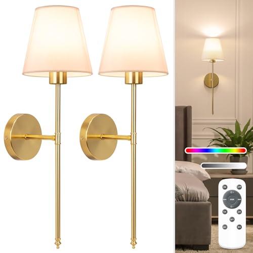 NIORSUN Battery Operated Wall Sconce Set of 2,Gold Rechargeable Wall Lights with 5200mAh Dimmable Detachable Bulbs and Remote,10 Colors Wireless Sconces for Bedroom Living Room Hallway