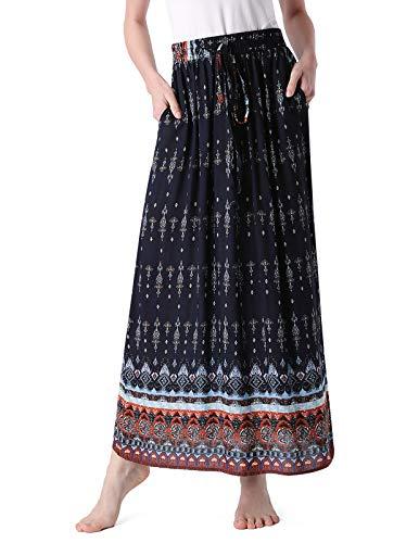 MAVIS LAVEN Women's Vintage Bohemian Printed High Waist Elastic Long A Line Skirt