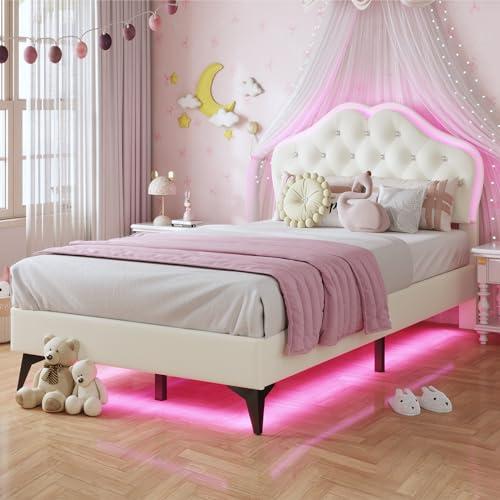 Twin Size Upholstered Bed Frame with LED Lights, Adjustable Headboard with Crystal Button, Princess Platform Bed for Girls, Solid Wood Slats Support, No Box Spring Needed, Beige