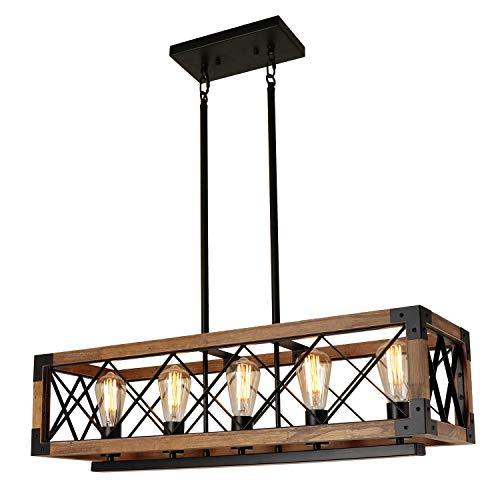 Giluta Rectangle Wood Chandelier Farmhouse Style Dining Room Kitchen Lighting Fixtures, 5 Lights Ceiling Hanging Pendant Lighting UL Listed