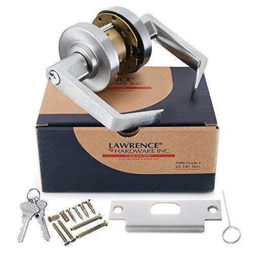 Lawrence Commercial Entrance Lock Door Handle - Grade 1 Chrome Finished Keyed Entry Door Lever with Cylindrical Lockset - Extra Heavy Duty Hardware, Easy Installation - Ergonomic Lever for Office