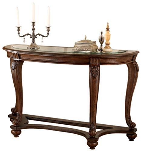 Signature Design by Ashley Norcastle Traditional Half Moon Sofa Table with Beveled Glass Top and Scrollwork Legs, Dark Brown