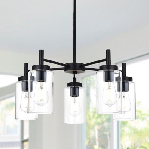 VINLUZ 5 Light Contemporary Chandeliers Black Modern Lighting Fixtures Hanging,Industrial Vintage Pendant Lights with Clear Glass Shade Flush Mount Ceiling Light for Dining Room Bedroom