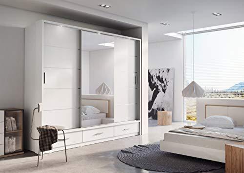 Arthauss Modern Bedroom Mirrored Sliding Door Wardrobe ARTI 1 in White Matt 250cm - Flat Pack Mirrored Wardrobe with Hanging Rails and Spacious Drawers - Ideal for Compact Spaces