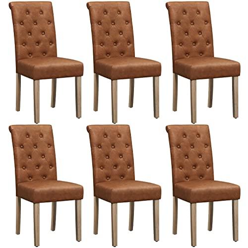 Yaheetech Set of 6 Dining Chairs Upholstered Kitchen Chairs Classic Faux Leather Chairs High Back Soft Padded Seat and Wooden Legs for Dining Room, Kitchen and Home, Retro Brown