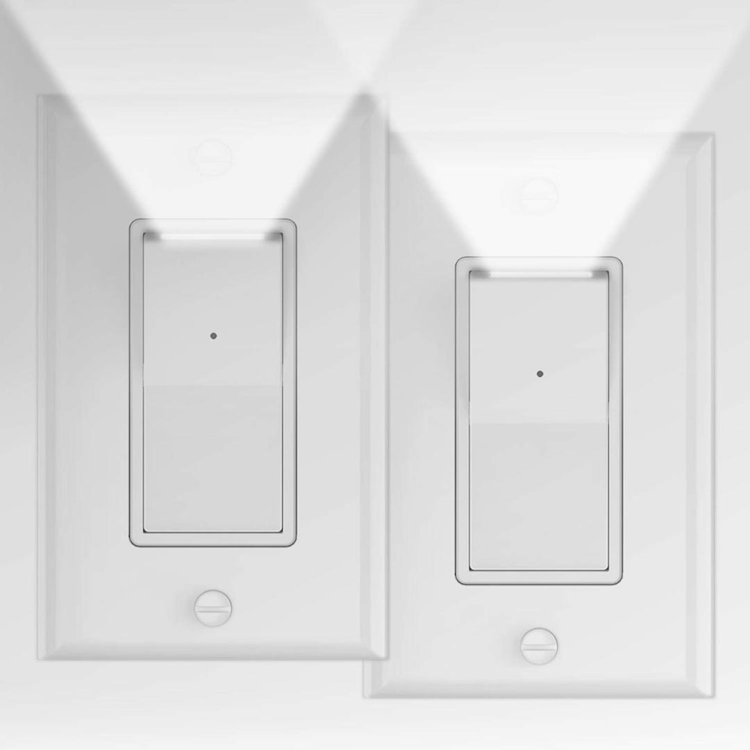 2 Pack Illuminated Light Switch, Decora Paddle Rocker Light Switch with LED Night Light, Automatic On/Off Sensor, Single Pole, 15Amp 120/277Volt, White