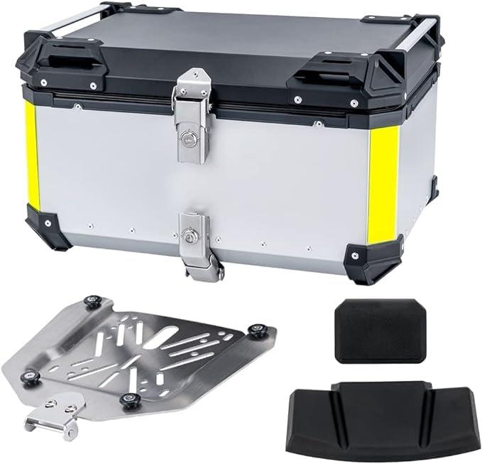 45L 55L 65L Motorcycle Top Case Tail Box thick Aluminum Waterproof Trunk luggage Top Box Helmet Box with Security Lock （silver） (65L)