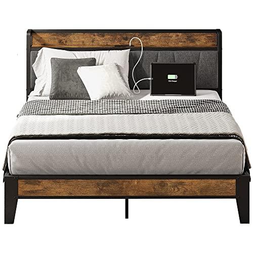 LIKIMIO Full Bed Frame, Storage Headboard with Charging Station, Solid and Stable, Noise Free, No Box Spring Needed, Easy Assembly