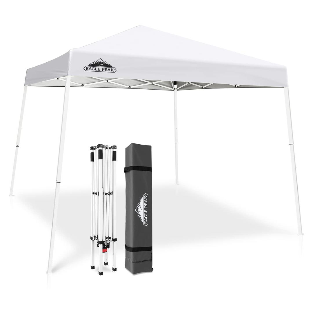 EAGLE PEAK Slant Leg Pop up Canopy Tent, Easy One Person Setup Instant Outdoor Beach Canopy Folding Portable Sports Shelter, 10x10 Base 8x8 Top, White