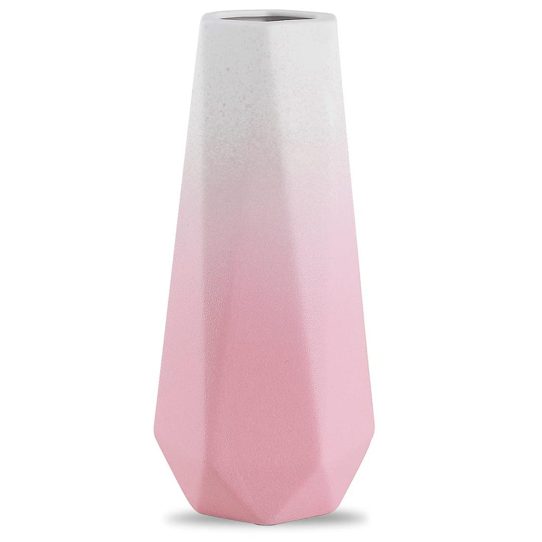 Geometric Ceramic Flower Vase for Home Office Decoration, 8in, Frosted Pink Gradient