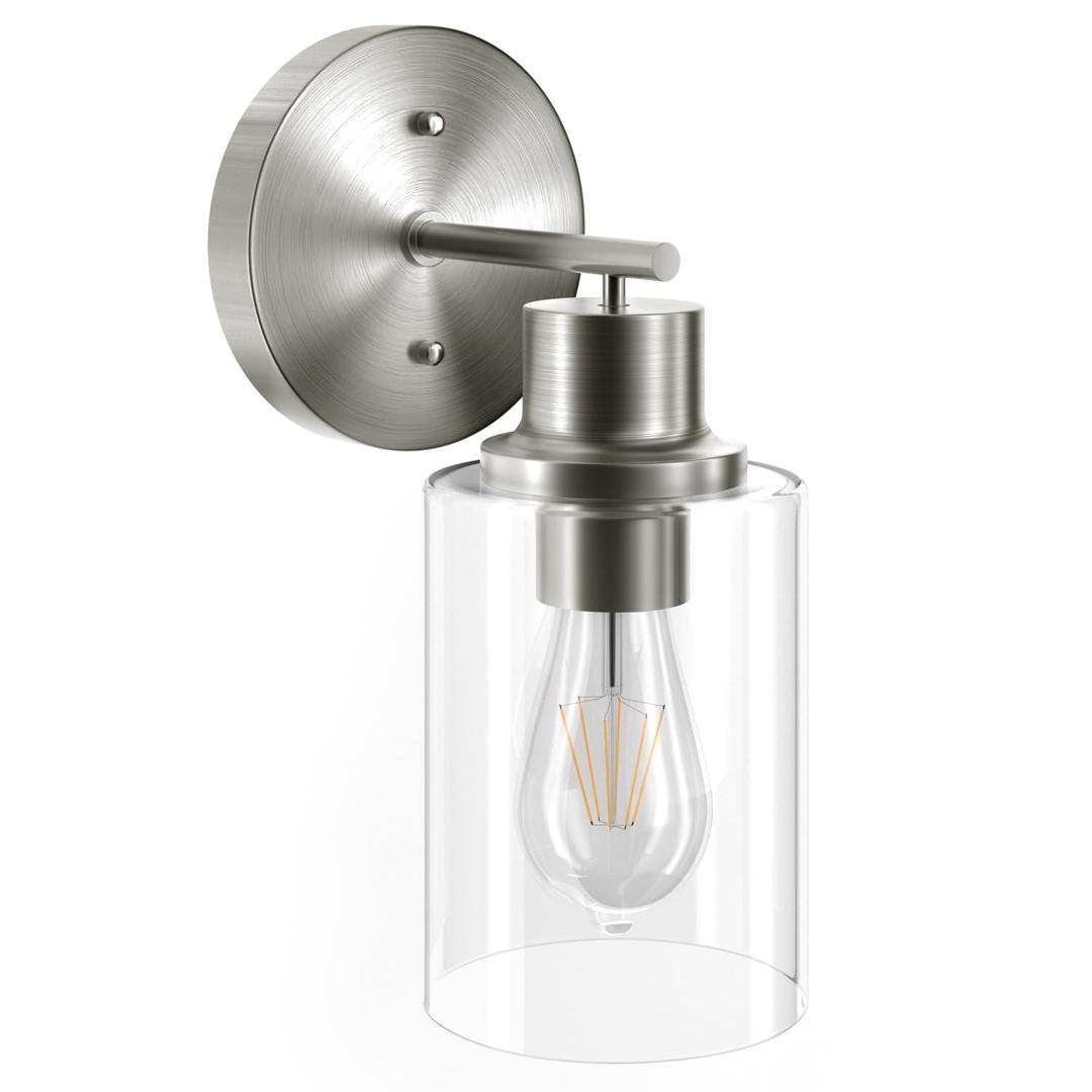 1-Light Bathroom Wall Sconce, Brushed Nickel Vanity Light, Modern Wall Light Fixture with Clear Glass Shade and E26 Bulb Base, Wall Lamp Wall Mount Light Fixtures for Mirror, Bedroom, Hallway