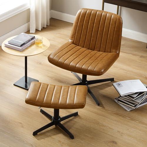 Art Leon Office Chair No Wheels - with Ottoman and Pillow, Armless Desk Chair No Wheels, Criss Cross Chair, Modern Swivel Height Adjustable Wide Seat Computer Task Vanity Chair, Brown Faux Leather