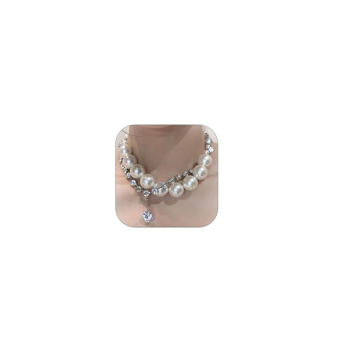 AonklotLarge Pearl Necklaces for Women Layered Rhinestone Necklace Pearl Choker Necklace Big Pearl Necklace Gifts for Ladies Pearl Bead Necklace