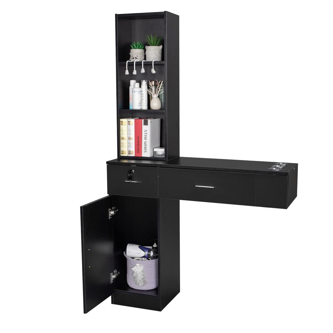 OmySalon Wall Mount Barber Stations, Salon Stations for Hair Stylist, Hair Styling Equipement Set with a Storage Cabinet, 2 Drawers and a 3 Tier Shelf (Black)