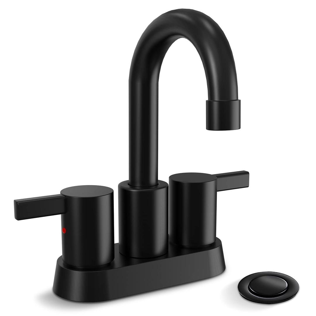 Phiestina 4 Inch 2 Handle Centerset Matte Black Lead-Free Modern Bathroom Faucet, 360 Swivel Spout 2-3 Hole RV Bathroom Vanity Sink Faucet with Pop Up Drain and Water Supply Lines，BF015-1-MB