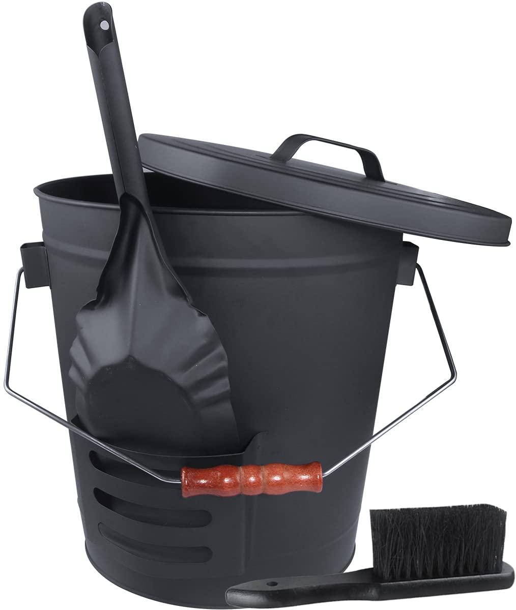 Ash Bucket with Lid and Shovel Hand Broom, 5.15 Gallon Large Galvanized Iron Metal Fireplace Tools Ash Pail for Fire Places Fire Pits Wood Burning Stoves Hearth Accessories Indoor Outdoor, Black